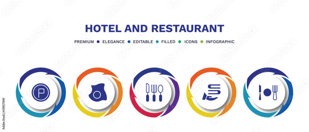 set of hotel and restaurant filled icons. hotel and restaurant filled icons with infographic template. flat icons such as parking, fried egg, cutlery, towels, meal vector. set of hotel and restaurant filled icons. hotel and restaurant filled icons with infographic template. flat icons such as parking, fried egg, cutlery, towels, meal vector.