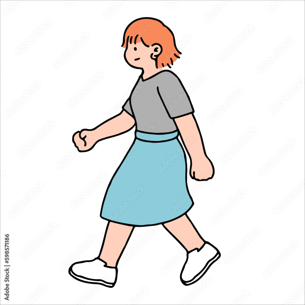 An illustration shows characters of people walking down the street. Young woman are depicted in a side view, walking while isolated on a white background. An illustration shows characters of people walking down the street. Young woman are depicted in a side view, walking while isolated on a white background.