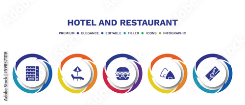set of hotel and restaurant filled icons. hotel and restaurant filled icons with infographic template. flat icons such as vending hine, hammock, cheese burger, onigiri, key card vector.