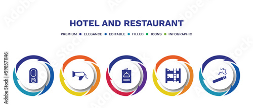 set of hotel and restaurant filled icons. hotel and restaurant filled icons with infographic template. flat icons such as do not disturb, hairdryer, menu, bunk, smoking vector.