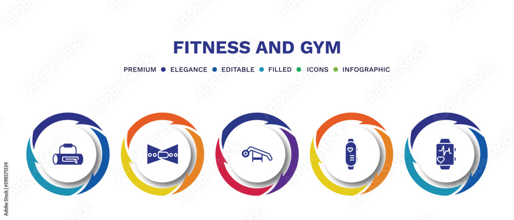 set of fitness and gym filled icons. fitness and gym filled icons with infographic template. flat icons such as gym bag, lumbar belt, simulator for press, sport watch, pulsometer vector. set of fitness and gym filled icons. fitness and gym filled icons with infographic template. flat icons such as gym bag, lumbar belt, simulator for press, sport watch, pulsometer vector.
