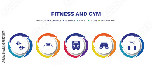 set of fitness and gym filled icons. fitness and gym filled icons with infographic template. flat icons such as fitness wheel, trampoline, headgear, shorts, training apparatus vector.
