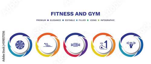set of fitness and gym filled icons. fitness and gym filled icons with infographic template. flat icons such as weight drive, abdominal exercises, athletic strap, exercise bike, dumbbells exercise