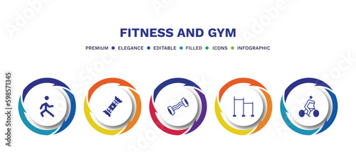 set of fitness and gym filled icons. fitness and gym filled icons with infographic template. flat icons such as stretching leg exercise, energy snack, resistance, horizontal bar, riding bicycle