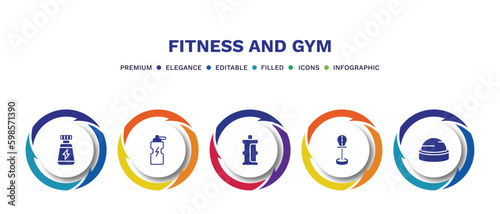 set of fitness and gym filled icons. fitness and gym filled icons with infographic template. flat icons such as phytonutrients, fitness drink, isotonic, standing punching ball, bosu ball vector.