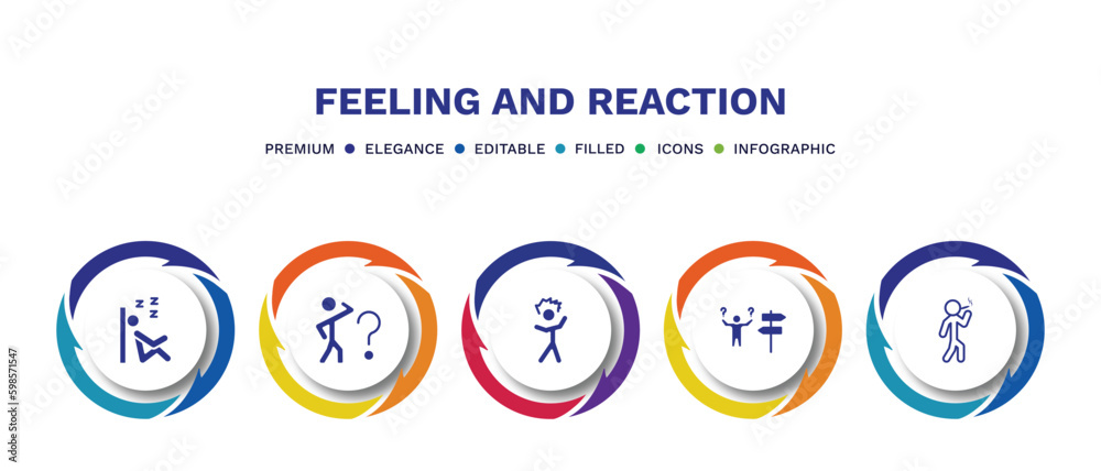 set of feeling and reaction filled icons. feeling and reaction filled icons with infographic template. flat icons such as sleepy human, curious human, irritated human, lost bad vector.