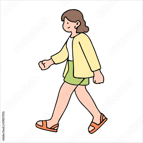 An illustration shows characters of people walking down the street. Young woman are depicted in a side view, walking while isolated on a white background.