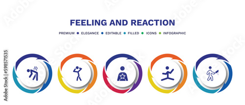 set of feeling and reaction filled icons. feeling and reaction filled icons with infographic template. flat icons such as exhausted human, scared human, good human, silly awful vector.