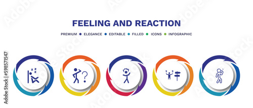set of feeling and reaction filled icons. feeling and reaction filled icons with infographic template. flat icons such as sleepy human, curious human, irritated human, lost bad vector.