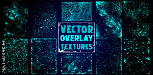 The effect of an old wall with scratches and damage. Collection of textures overlay on the background. Different paint textures with splay effect and drop ink splashes. Stamp overlay. Vector set