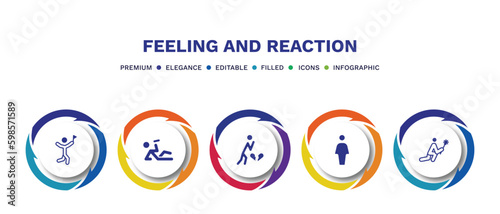 set of feeling and reaction filled icons. feeling and reaction filled icons with infographic template. flat icons such as accomplished human, drunk human, heartbroken human, full sorry vector.