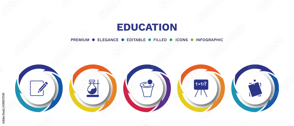 set of education filled icons. education filled icons with infographic template. flat icons such as corrector, florence flask, spacetime curvature, math class, sticky note vector. set of education filled icons. education filled icons with infographic template. flat icons such as corrector, florence flask, spacetime curvature, math class, sticky note vector.