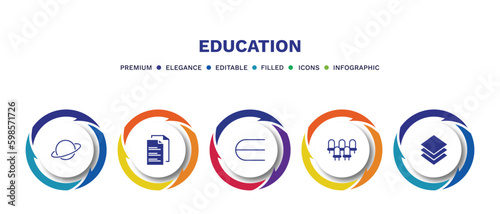 set of education filled icons. education filled icons with infographic template. flat icons such as planet saturn, folded written paper, is an element of, grandstand, arrange vector.