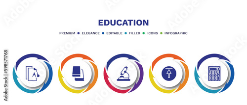 set of education filled icons. education filled icons with infographic template. flat icons such as various files, library books, biology microscope, top, school calculator vector.