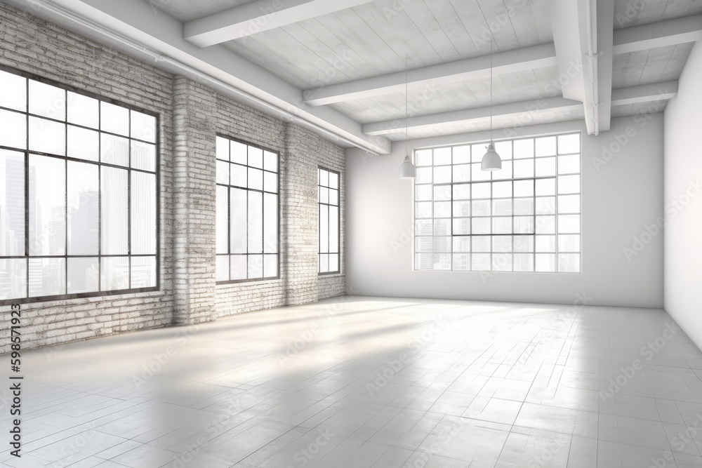 Fototapeta premium an empty room with large windows and a brick wall. Generative AI Generative AI
