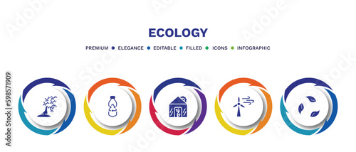 set of ecology filled icons. ecology filled icons with infographic template. flat icons such as wind bending tree, recycled bottle, green house, wind energy, recycling vector.