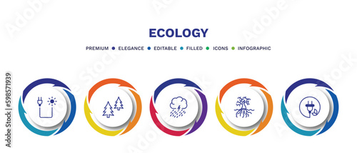 set of ecology filled icons. ecology filled icons with infographic template. flat icons such as solar plug, christmas trees, raining, tree and roots, sustainability vector.