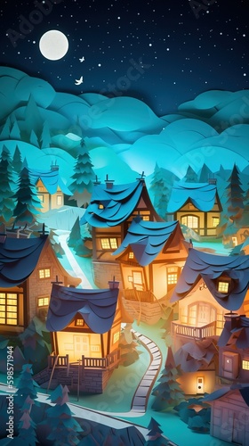 Multi dimmensional colorful origami city paper cut craft. beautiful image of a villageeds34 photo