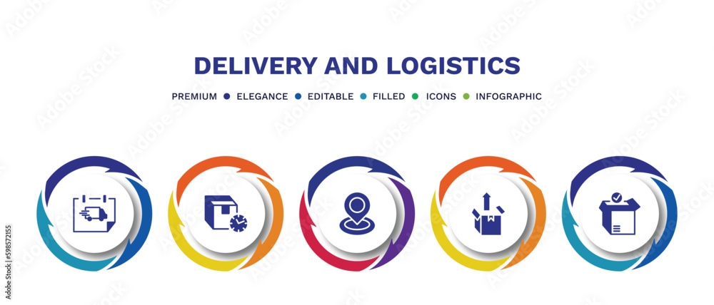 set of delivery and logistics filled icons. delivery and logistics filled icons with infographic template. flat icons such as delivery day, delay, tracking, unpacking, package checking vector. set of delivery and logistics filled icons. delivery and logistics filled icons with infographic template. flat icons such as delivery day, delay, tracking, unpacking, package checking vector.
