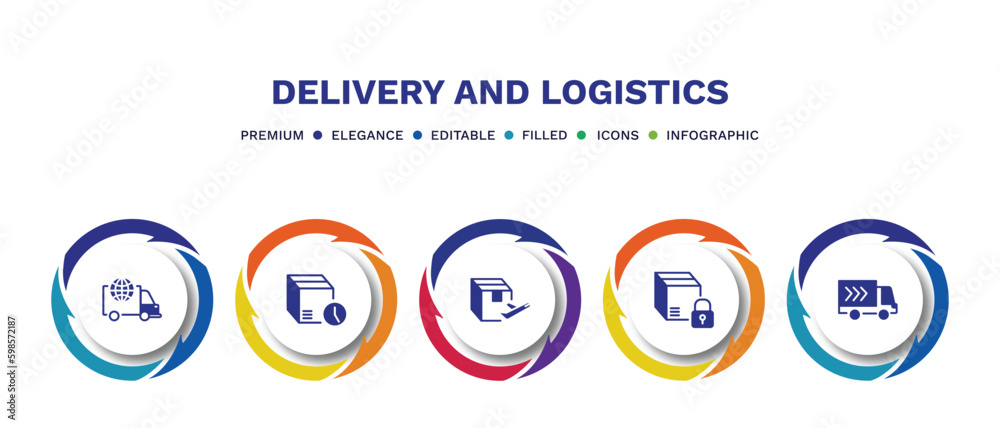 set of delivery and logistics filled icons. delivery and logistics filled icons with infographic template. flat icons such as logistic, delivery time, by plane, safety, truck vector. set of delivery and logistics filled icons. delivery and logistics filled icons with infographic template. flat icons such as logistic, delivery time, by plane, safety, truck vector.