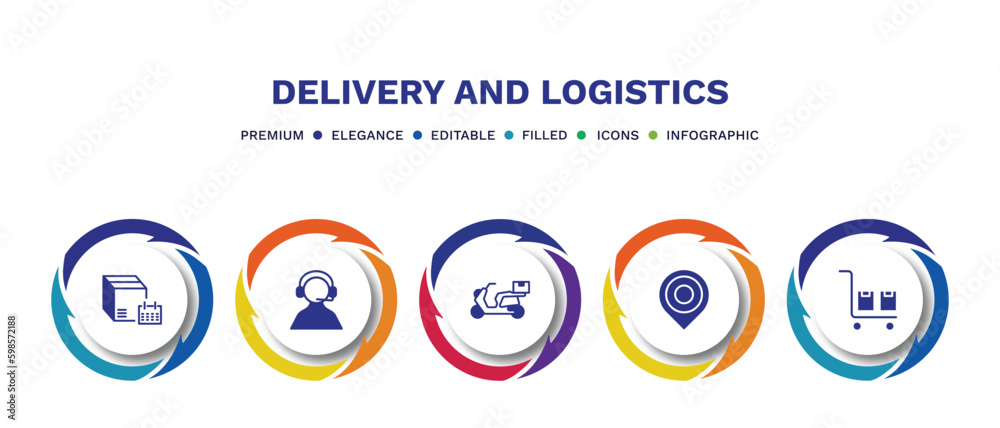 set of delivery and logistics filled icons. delivery and logistics filled icons with infographic template. flat icons such as delivery schedule, support, scooter arrival, package on trolley vector. set of delivery and logistics filled icons. delivery and logistics filled icons with infographic template. flat icons such as delivery schedule, support, scooter arrival, package on trolley vector.