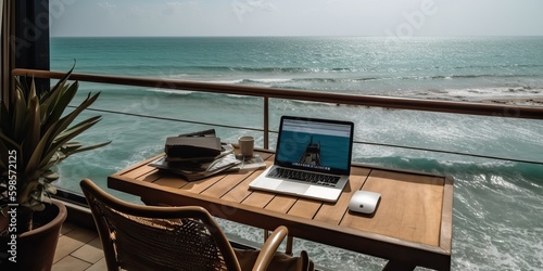 Telecommuting by the sea, terrace overlooking the ocean with a laptop, generative ai