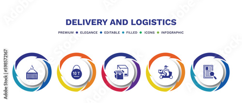 set of delivery and logistics filled icons. delivery and logistics filled icons with infographic template. flat icons such as container hanging, weight limit, boxes, delivery by motorcycle, waybill