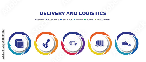 set of delivery and logistics filled icons. delivery and logistics filled icons with infographic template. flat icons such as box, stamp, express delivery, cargo train, forklift vector.