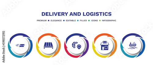 set of delivery and logistics filled icons. delivery and logistics filled icons with infographic template. flat icons such as express mail, pallet, distribution, post office, ocean transportation