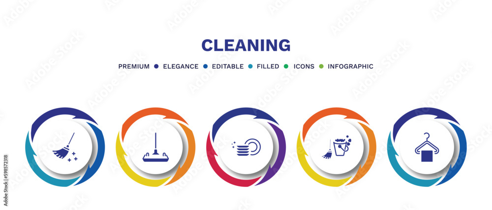 set of cleaning filled icons. cleaning filled icons with infographic template. flat icons such as broom cleanin, wiping vacuum tool, clean dishes, mop cleanin, hanger cleanin vector. set of cleaning filled icons. cleaning filled icons with infographic template. flat icons such as broom cleanin, wiping vacuum tool, clean dishes, mop cleanin, hanger cleanin vector.