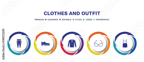 set of clothes and outfit filled icons. clothes and outfit filled icons with infographic template. flat icons such as pegged pants, leather derby shoe, nylon jacket, cat eye glasses, chiffon dress