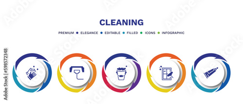 set of cleaning filled icons. cleaning filled icons with infographic template. flat icons such as hands cleanin, compress cleanin, wiping tray tool, clean window, toothpaste vector.