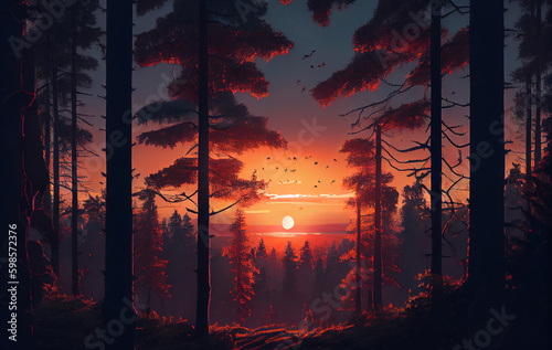 Embers of Twilight: A Beautiful Sunset on the Forest Landscape, as the Sun Sets and Casts a Warm Embrace OF Red and Orange, Illuminating the Trees in a Passionate Display of Nature Colors