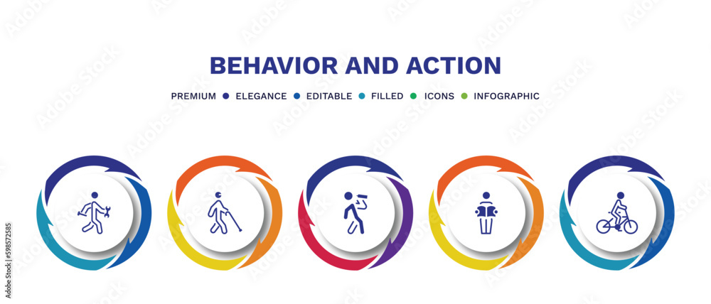 set of behavior and action filled icons. behavior and action filled icons with infographic template. flat icons such as man with tool, blindman with cane, man drinking, man reading newspaper, riding