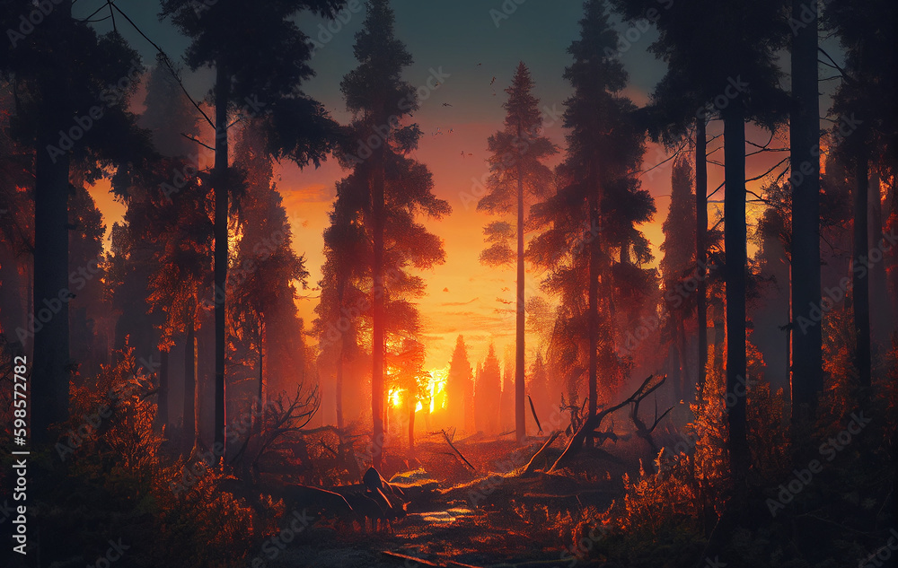 Embers of Twilight: A Beautiful Sunset on the Forest Landscape, as the Sun Sets and Casts a Warm  Embrace OF Red and Orange, Illuminating the Trees in a Passionate Display of Nature Colors