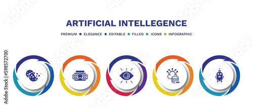 set of artificial intellegence filled icons. artificial intellegence filled icons with infographic template. flat icons such as cookies, stereoscope, view, storage, robot vector.