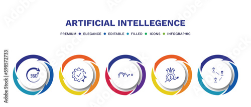 set of artificial intellegence filled icons. artificial intellegence filled icons with infographic template. flat icons such as 360 degree, technical support, motion, value, demographic vector.