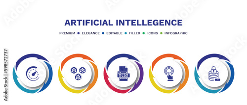 set of artificial intellegence filled icons. artificial intellegence filled icons with infographic template. flat icons such as velocity, hexagons, xlsx, touch screen, data security vector.