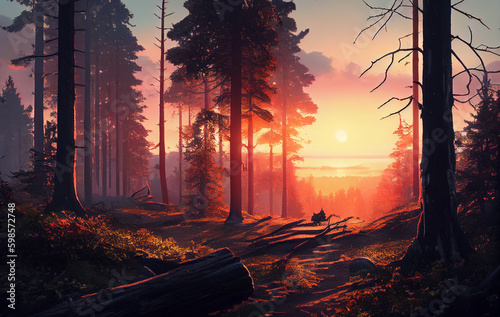 Embers of Twilight: A Beautiful Sunset on the Forest Landscape, as the Sun Sets and Casts a Warm Embrace OF Red and Orange, Illuminating the Trees in a Passionate Display of Nature Colors