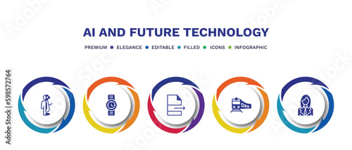 set of ai and future technology filled icons. ai and future technology filled icons with infographic template. flat icons such as robots and humans, wristwatch, file transfer, train, personal