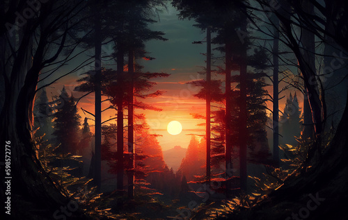 Embers of Twilight: A Beautiful Sunset on the Forest Landscape, as the Sun Sets and Casts a Warm Embrace OF Red and Orange, Illuminating the Trees in a Passionate Display of Nature Colors