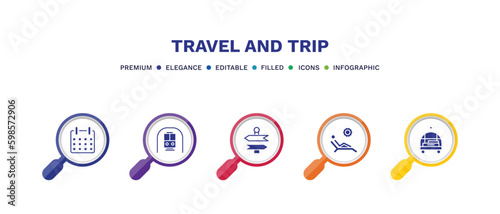 set of travel and trip filled icons. travel and trip filled icons with infographic template. flat icons such as date, station, , sun bath, bellhop vector.