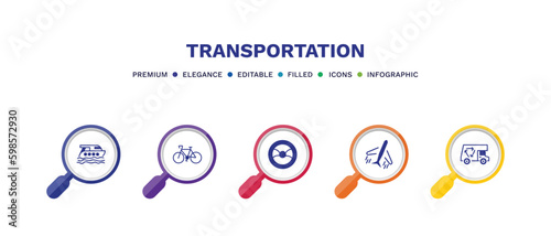 set of transportation filled icons. transportation filled icons with infographic template. flat icons such as luxury yacht, bikes, steering, flights, recycling truck vector.