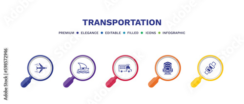 set of transportation filled icons. transportation filled icons with infographic template. flat icons such as airplane flying, sailing boat, prison bus, diesel train, seatbelt vector.