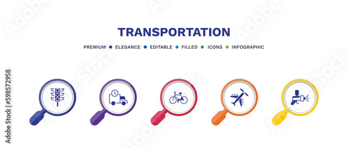 set of transportation filled icons. transportation filled icons with infographic template. flat icons such as semaphore, shipping and delivery, bicycle side view, light aircraft, car painting
