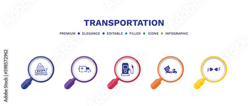 set of transportation filled icons. transportation filled icons with infographic template. flat icons such as ferry, carrier, petrol station, heavy vehicle, car lights vector.