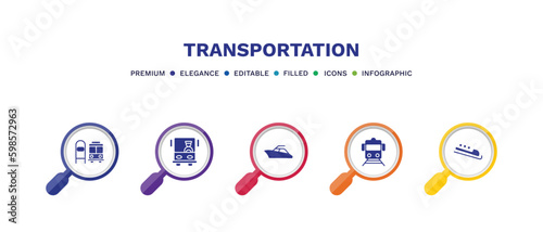 set of transportation filled icons. transportation filled icons with infographic template. flat icons such as scholar bus stop, bus front with driver, yacht navigate, train front view, bobsleigh