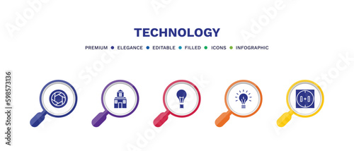 set of technology filled icons. technology filled icons with infographic template. flat icons such as camera shutter, domestic, light bulb turned off, light on, round socket vector.