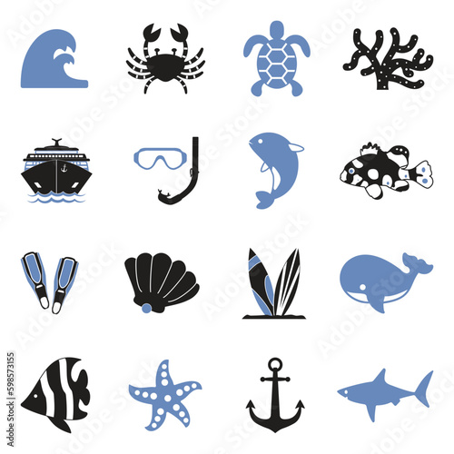 Ocean Icons. Two Tone Flat Design. Vector Illustration.