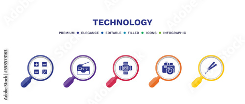 set of technology filled icons. technology filled icons with infographic template. flat icons such as mathematical operations, photocopier, naensor, vintage digital camera, hairdressing tools